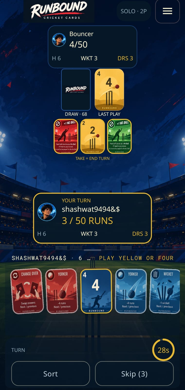 Runbound match showing scores, wickets, DRS, three draw choices and cricket cards